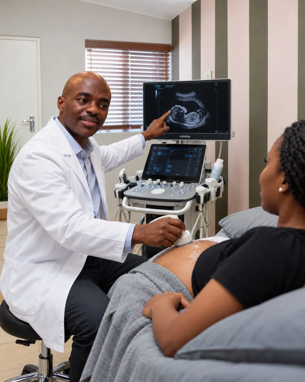 Obstetrician showing an expectant mother her baby on the ultrasound screen during an antenatal scan at Amani Health Care, Pretoria